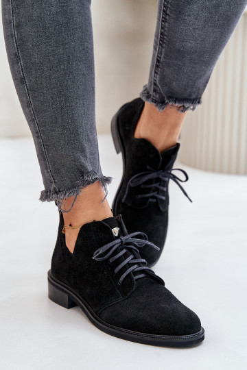 Zazoo 2959 de camurça sapato Oksfordki com atacadores com salto largo cor preta