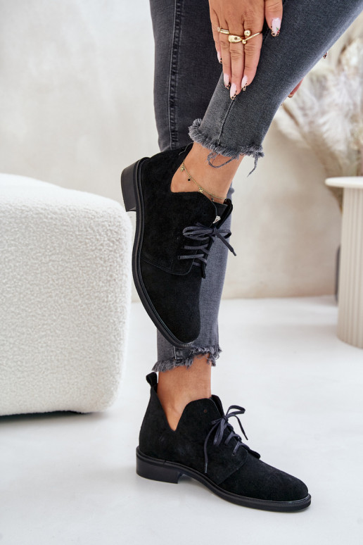 Zazoo 2959 de camurça sapato Oksfordki com atacadores com salto largo cor preta Zazoo 2959 de camurça sapato Oksfordki com atacadores com salto largo cor preta