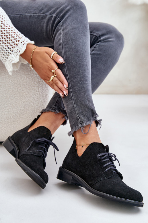 Zazoo 2959 de camurça sapato Oksfordki com atacadores com salto largo cor preta Zazoo 2959 de camurça sapato Oksfordki com atacadores com salto largo cor preta