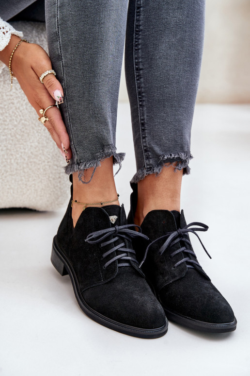 Zazoo 2959 de camurça sapato Oksfordki com atacadores com salto largo cor preta Zazoo 2959 de camurça sapato Oksfordki com atacadores com salto largo cor preta