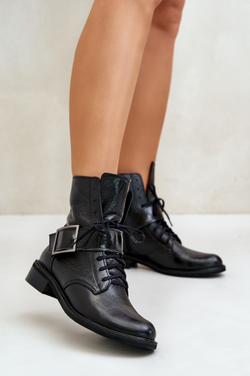 Zazoo 2949 botins de couro com fivelas, cor preta