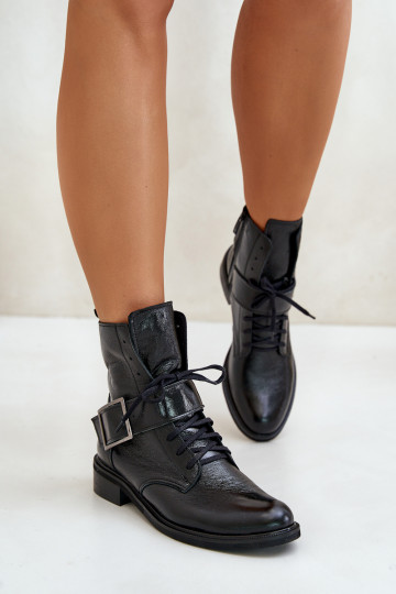 Zazoo 2949 botins de couro com fivelas, cor preta 2