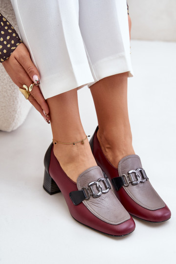 Sapatos de couro com salto e detalhes dourados Laura Messi 2861, cor bordô 2