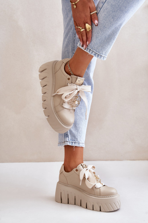 À modalo de tênis Feminino com solas maciças da moda com detalhes dourados CheBello 4530 bege À modalo de tênis Feminino com solas maciças da moda com detalhes dourados CheBello 4530 bege