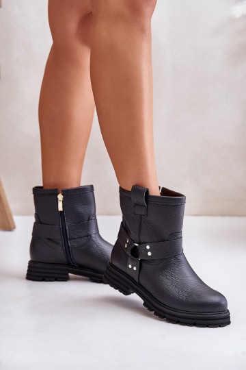 Botas de cano curto femininas de couro com saltos largos LeĮskis 3610 na cor preta