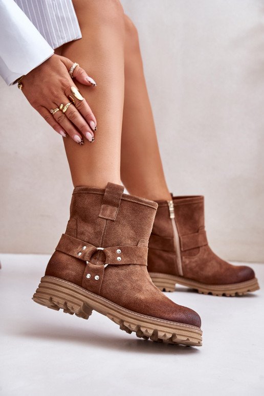 Sapatos de camurça Feminino com salto largo LeParaski 3610 cor marrom