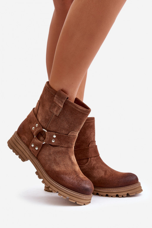 Sapatos de camurça Feminino com salto largo LeParaski 3610 cor marrom