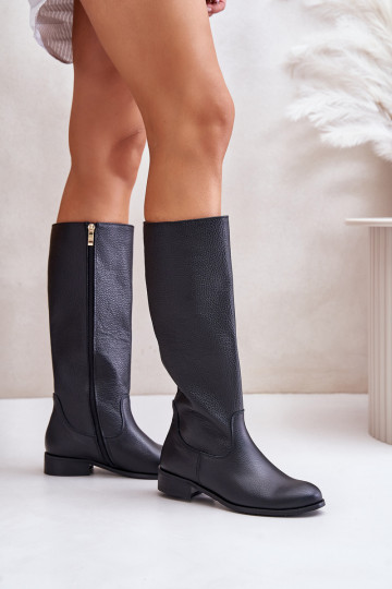 Botas de cano longo de couro feminino até a metade da panturrilha na cor preta LeĮskis 3616