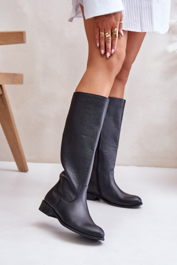 Botas de cano longo de couro feminino até a metade da panturrilha na cor preta LeĮskis 3616 2