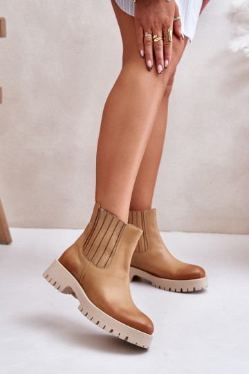 Botas curtas femininas de couro com saltos largos na cor marrom LeĮskis 3611 2
