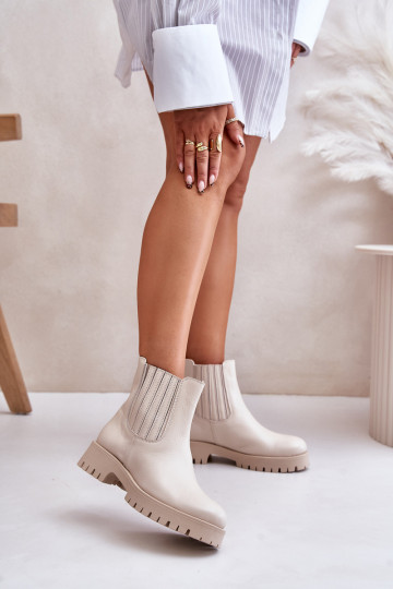 Botas curtas femininas de couro com saltos largos na cor marfim LeĮskis 3611 2