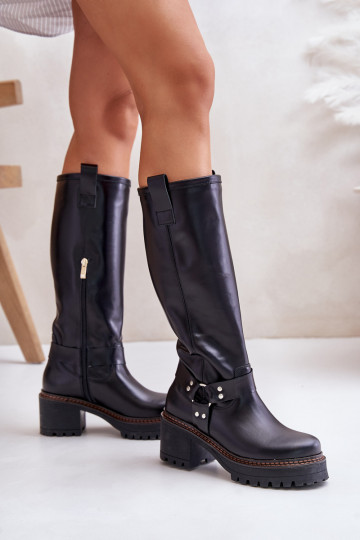 Botas de couro feminino de cano longo até o joelho na cor preta LeĮskis 3432