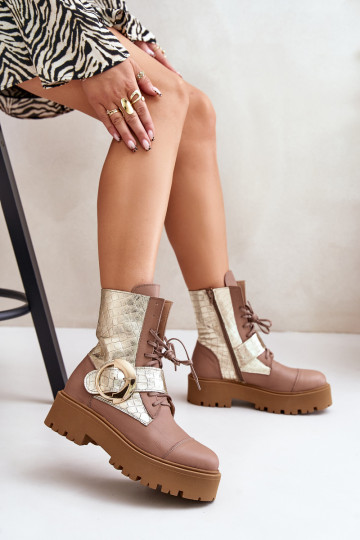 Zazoo 2942 Pele Botins de trabalho com fivelas douradas bege