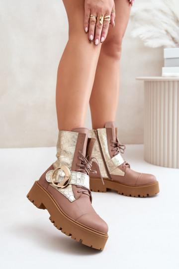 Botas de trabalho de couro com fivelas douradas na cor areia Zazoo 2942 2