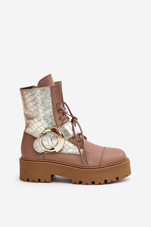 Zazoo 2942 Pele Botins de trabalho com fivelas douradas bege Zazoo 2942 Pele Botins de trabalho com fivelas douradas bege