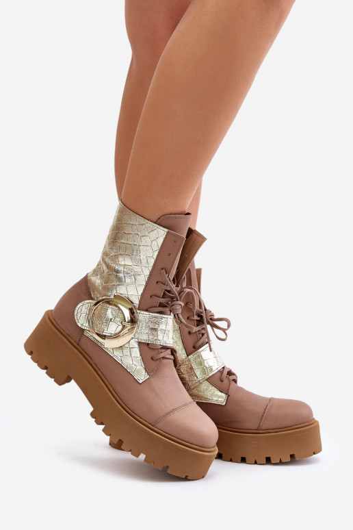 Zazoo 2942 Pele Botins de trabalho com fivelas douradas bege Zazoo 2942 Pele Botins de trabalho com fivelas douradas bege