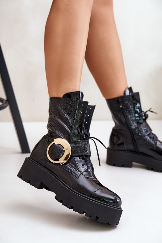 Zazoo 2942 Pele Botins de trabalho com fivelas douradas cor preta Zazoo 2942 Pele Botins de trabalho com fivelas douradas cor preta