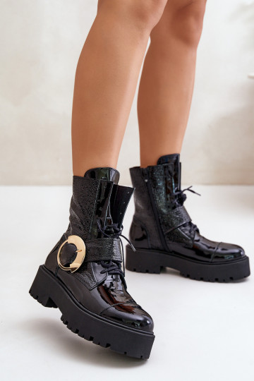 Botas de trabalho de couro com fivelas douradas na cor preta Zazoo 2942 2