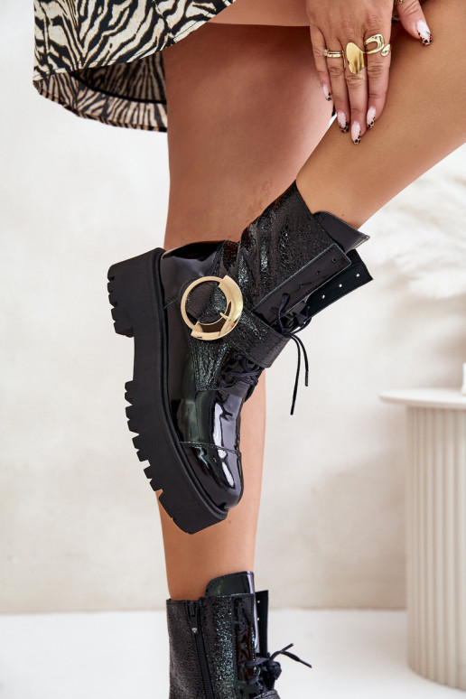 Zazoo 2942 Pele Botins de trabalho com fivelas douradas cor preta Zazoo 2942 Pele Botins de trabalho com fivelas douradas cor preta