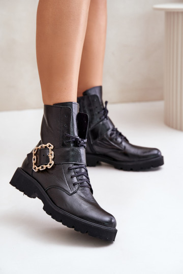 Zazoo 2951 com efeito verniz Botas decorar com fivelas cor preta 2