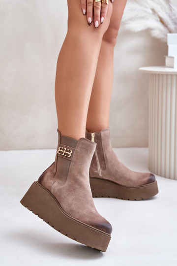Zazoo 60498 botas femininas de camurça estilosas com plataforma e cunha, na cor areia 2