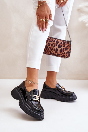 Zazoo 20176 mocassins femininos de couro laqueado, na cor preta