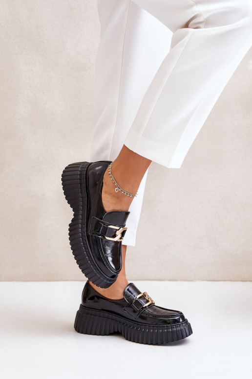 Zazoo 20176 com efeito verniz sapato mocassins femininos Feito de couro natural cor preta