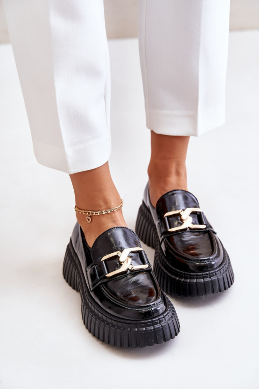 Zazoo 20176 com efeito verniz sapato mocassins femininos Feito de couro natural cor preta