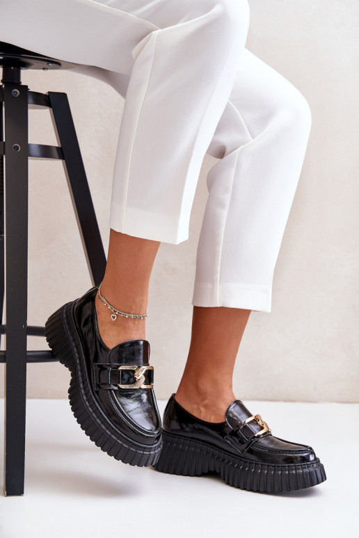 Zazoo 20176 com efeito verniz sapato mocassins femininos Feito de couro natural cor preta