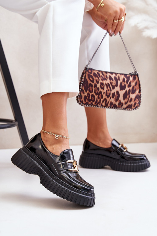 Zazoo 20176 com efeito verniz sapato mocassins femininos Feito de couro natural cor preta