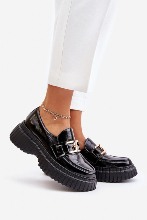 Zazoo 20176 com efeito verniz sapato mocassins femininos Feito de couro natural cor preta