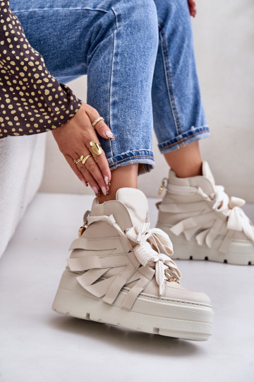 Sapatos esportivos femininos de couro com plataforma CheBello 4561 bege