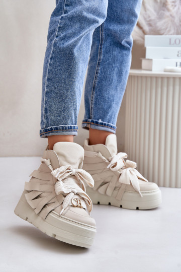Sapatos esportivos femininos de couro com plataforma CheBello 4561 bege 2