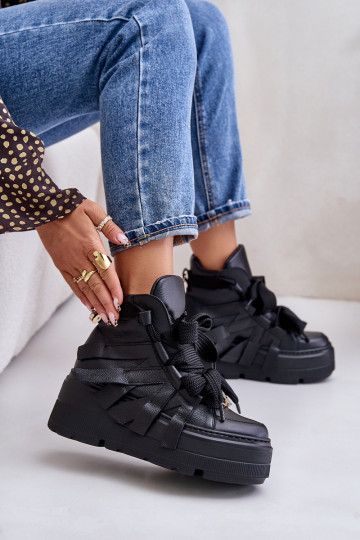 Sapatos esportivos femininos de couro com plataforma CheBello 4561 preto