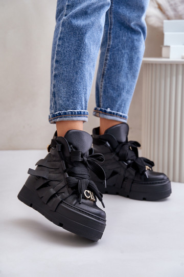 Sapatos esportivos femininos de couro com plataforma CheBello 4561 preto 2