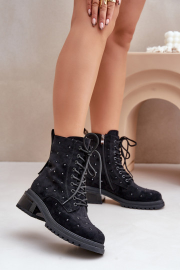 Botas de trabalho femininas forradas com tornozelo decoradas D&A MR880-017 preto