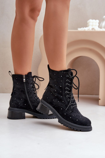 Botas de trabalho femininas forradas com tornozelo decoradas D&A MR880-017 preto 2