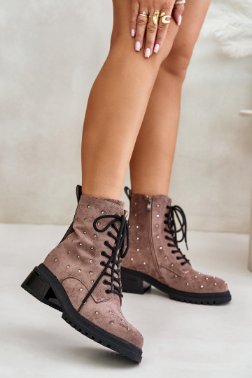 Botas de trabalho femininas forradas com tornozelo decoradas D&A MR880-017 cor argila 2