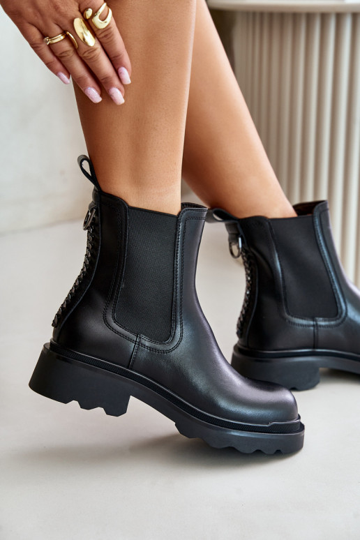 Pele botas elegantes Com uma corrente decorativa aquecimento D&A JC42-86 cor preta Pele botas elegantes Com uma corrente decorativa aquecimento D&A JC42-86 cor preta