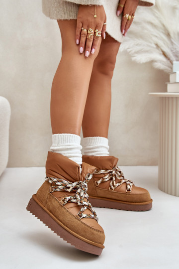 Botas de neve femininas de camurça com amarração grossa D.Franklin DFSH375003 marrom 2