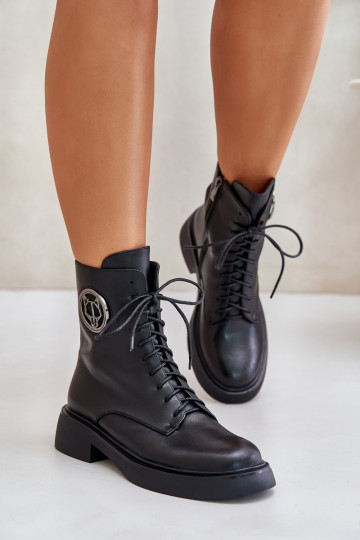 Botas de couro quentes com cadarço, zíper e ornamentos Lorevine cor preta 2