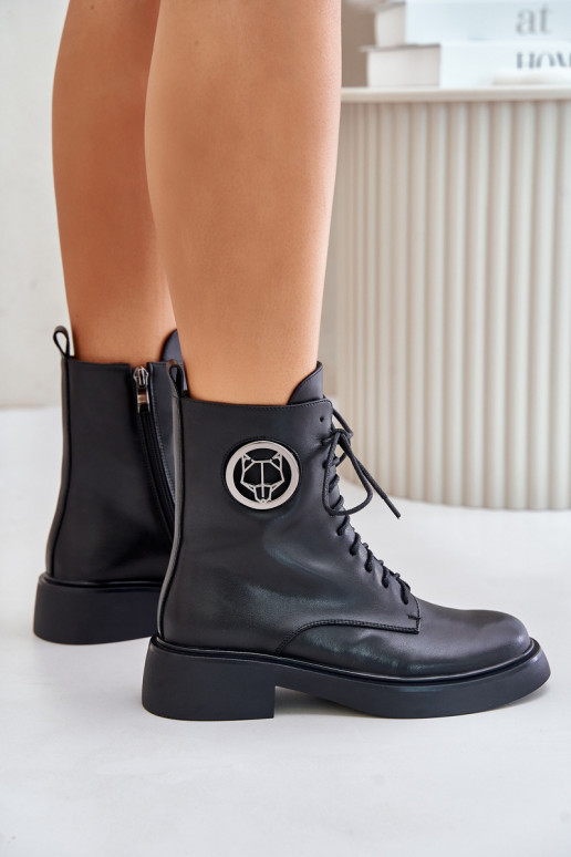 Pele Botas quentes com cordões Casal o castelo com enfeites cor preta Lorevine