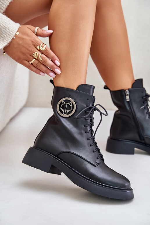 Pele Botas quentes com cordões Casal o castelo com enfeites cor preta Lorevine