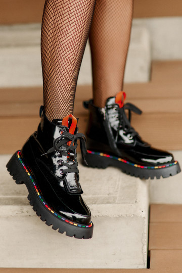 Pele com efeito verniz Botins de trabalho Casal o castelo cor preta Anafra