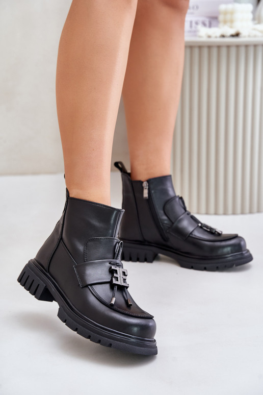 Pele Botas com salto largo com enfeites aquecimento cor preta Asperra Pele Botas com salto largo com enfeites aquecimento cor preta Asperra