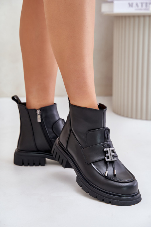 Pele Botas com salto largo com enfeites aquecimento cor preta Asperra Pele Botas com salto largo com enfeites aquecimento cor preta Asperra