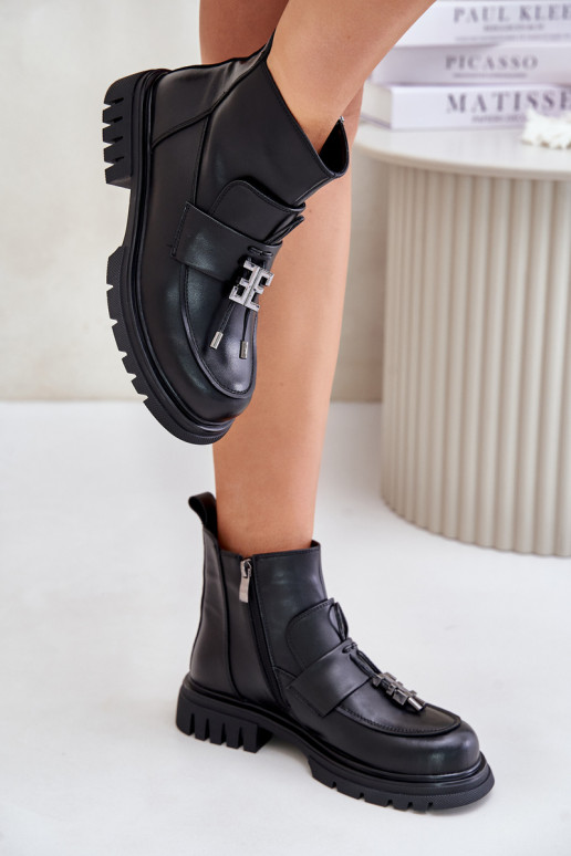 Pele Botas com salto largo com enfeites aquecimento cor preta Asperra Pele Botas com salto largo com enfeites aquecimento cor preta Asperra