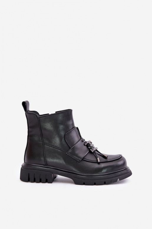 Pele Botas com salto largo com enfeites aquecimento cor preta Asperra Pele Botas com salto largo com enfeites aquecimento cor preta Asperra