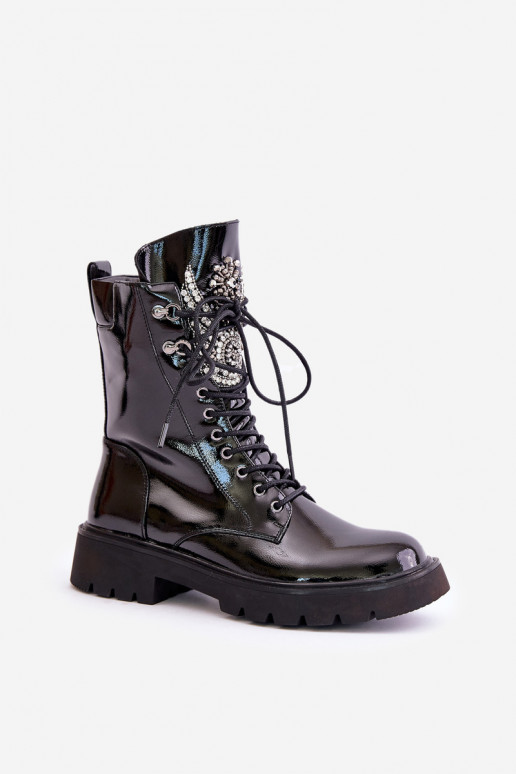 com efeito verniz Botins de trabalho Com decoração aquecimento D&A MR880-080 cor preta com efeito verniz Botins de trabalho Com decoração aquecimento D&A MR880-080 cor preta