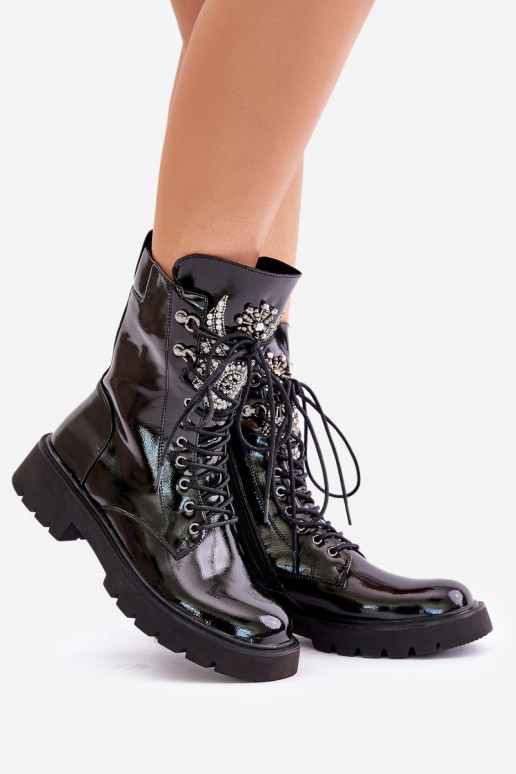 com efeito verniz Botins de trabalho Com decoração aquecimento D&A MR880-080 cor preta com efeito verniz Botins de trabalho Com decoração aquecimento D&A MR880-080 cor preta